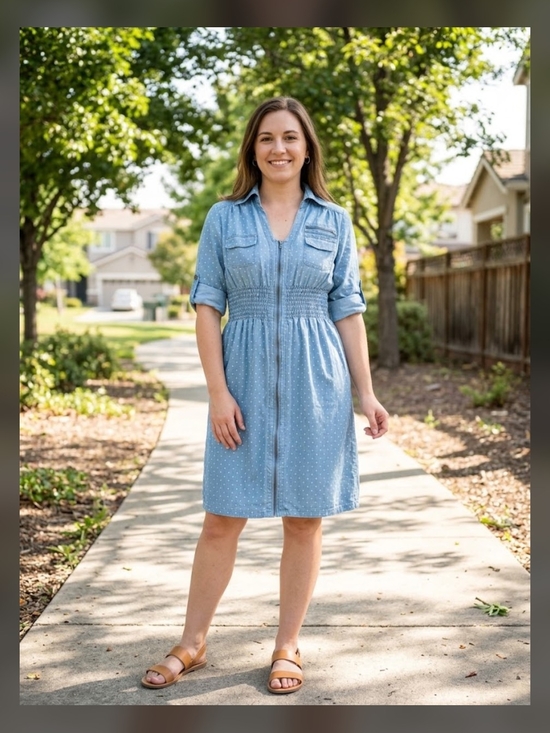 Dresses & Skirts - Light Blue Polka Dot Shirt Dress with Smocked Waist